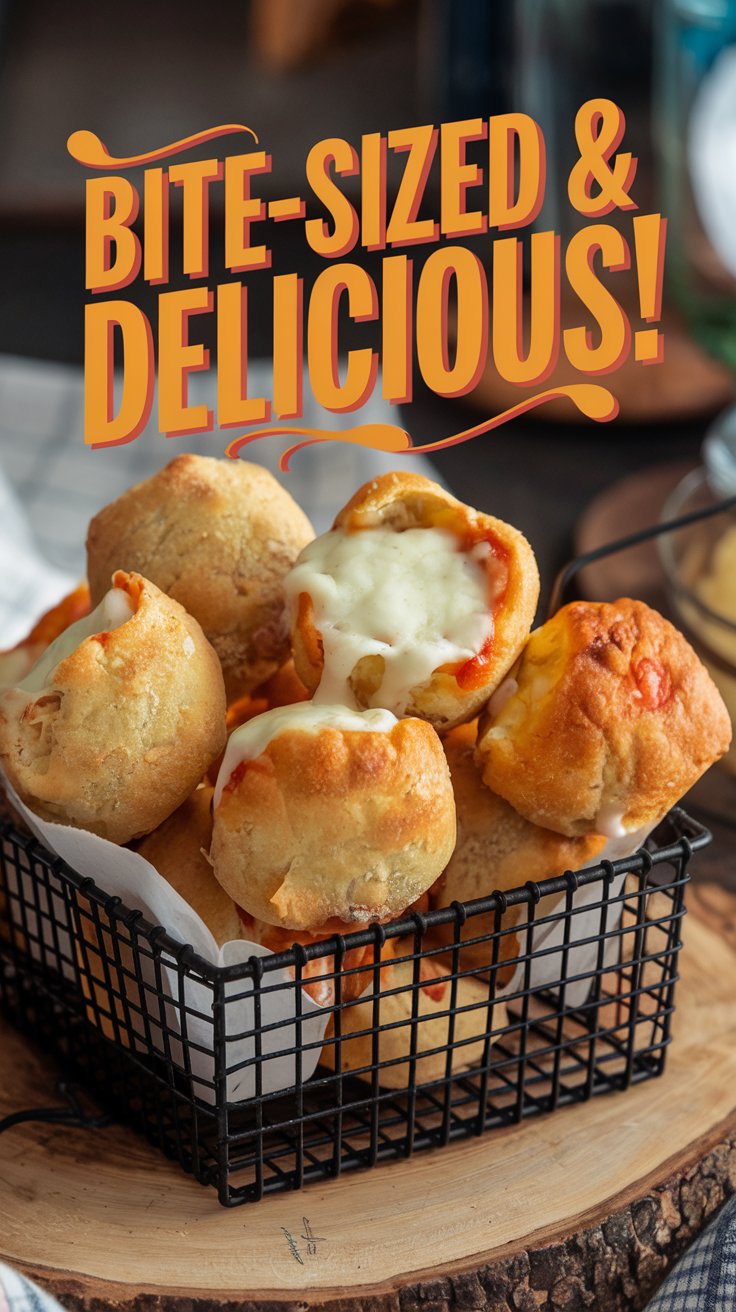 keto pizza bitesized Image of golden keto pizza puffs with gooey melted cheese inside, served in a basket.
