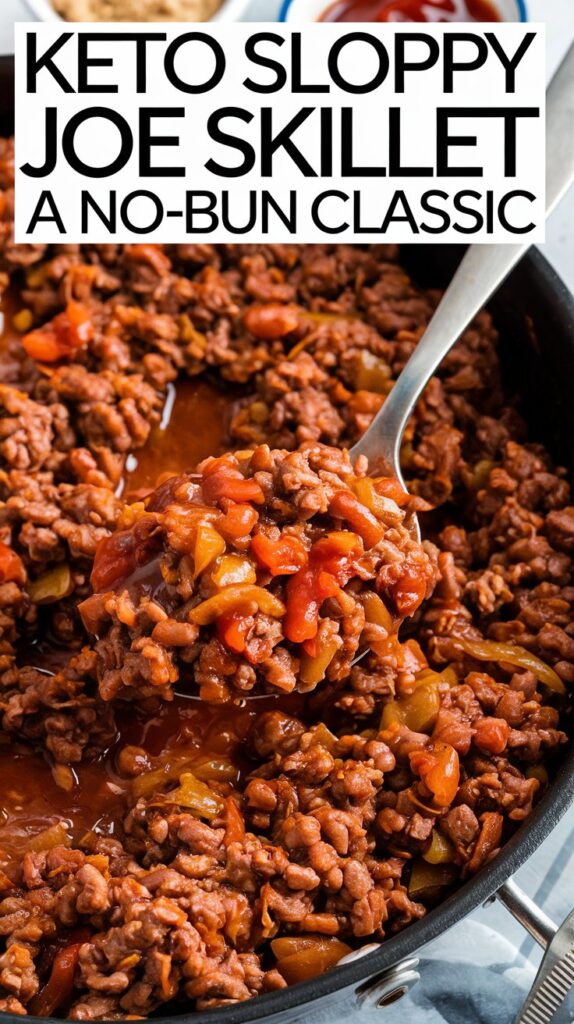 A skillet filled with saucy, keto-friendly sloppy joe beef, with a spoon scooping up a portion. The background includes a small bowl of sugar-free ketchup. Large, bold text overlay: 'Keto Sloppy Joe Skillet - A No-Bun Classic'