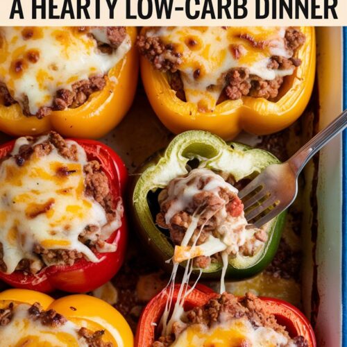 A baking dish filled with colorful bell peppers stuffed with a cheesy ground beef mixture, fresh out of the oven. A fork is cutting into one, revealing the gooey cheese inside. Large, bold text overlay: 'Keto Stuffed Peppers - A Hearty Low-Carb Dinner'