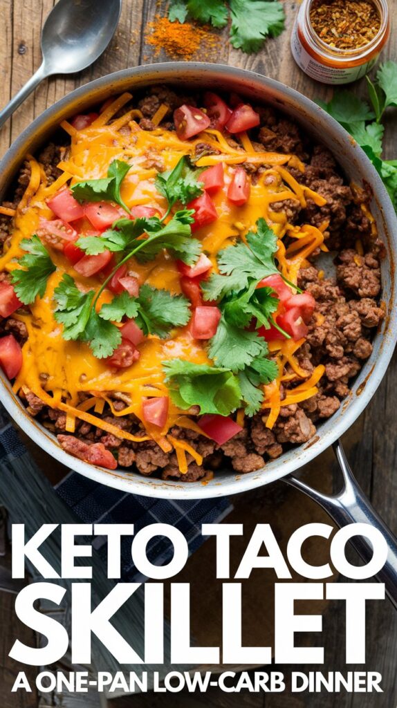 A skillet filled with a colorful keto taco mixture of ground beef, melted cheese, diced tomatoes, and fresh cilantro. The skillet sits on a rustic wooden table with taco seasoning and a spoon nearby. Large, bold text overlay: 'Keto Taco Skillet - A One-Pan Low-Carb Dinner'