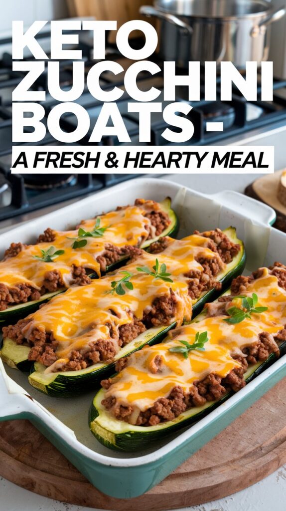 A baking dish with fresh-out-of-the-oven keto zucchini boats, stuffed with cheesy ground beef and topped with melted cheese. Large, bold text overlay: 'Keto Zucchini Boats - A Fresh & Hearty Meal'