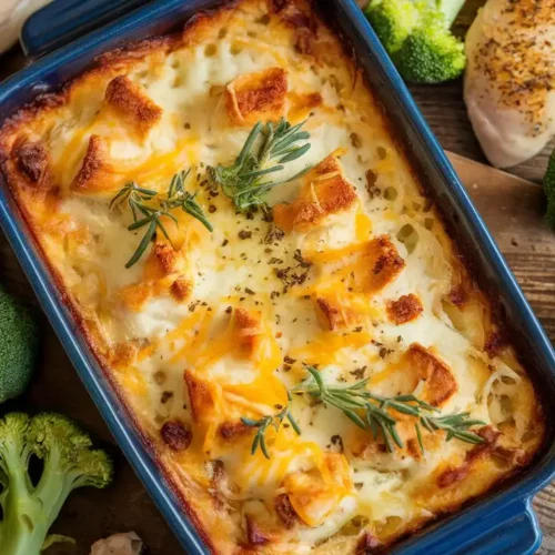 Blue rectangle baking dish filled with chicken and cheese melted and browned on top.