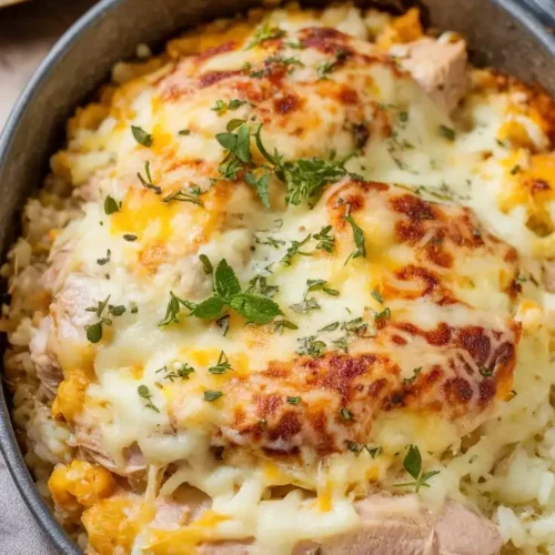 Round baking dish filled with chicken and rice cassserole with chicken peaking through and browned melted cheese on top.