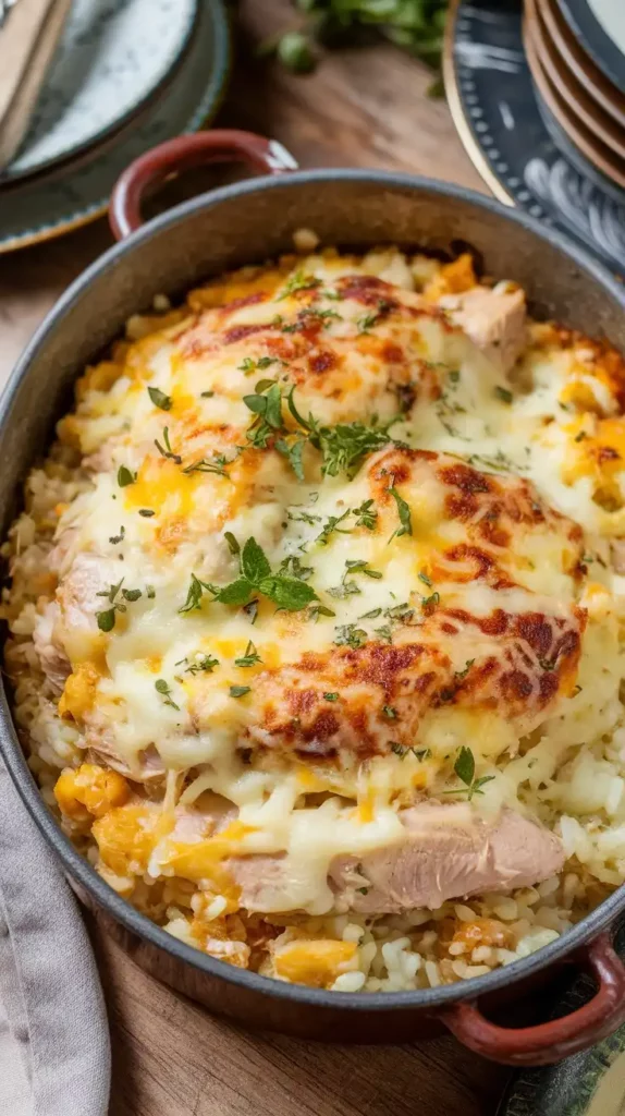 Round baking dish filled with chicken and rice cassserole with chicken peaking through and browned melted cheese on top.