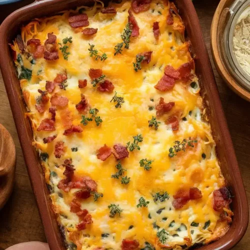 Red rectangular baking dish filled with chicken casserole, topped with melted cheese and chrispy bacon sprinkled on top.