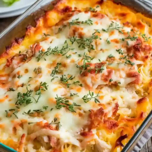 Clear glass rectangle baking dish filled with cubed chicken and melted cheese on top, edges dark brown.