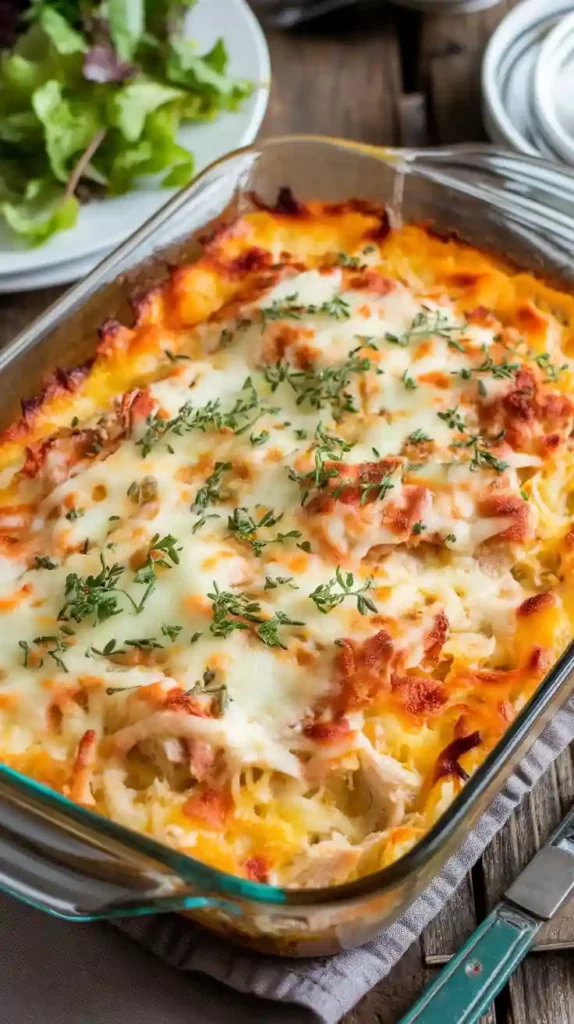 Clear glass rectangle baking dish filled with cubed chicken and melted cheese on top, edges dark brown.