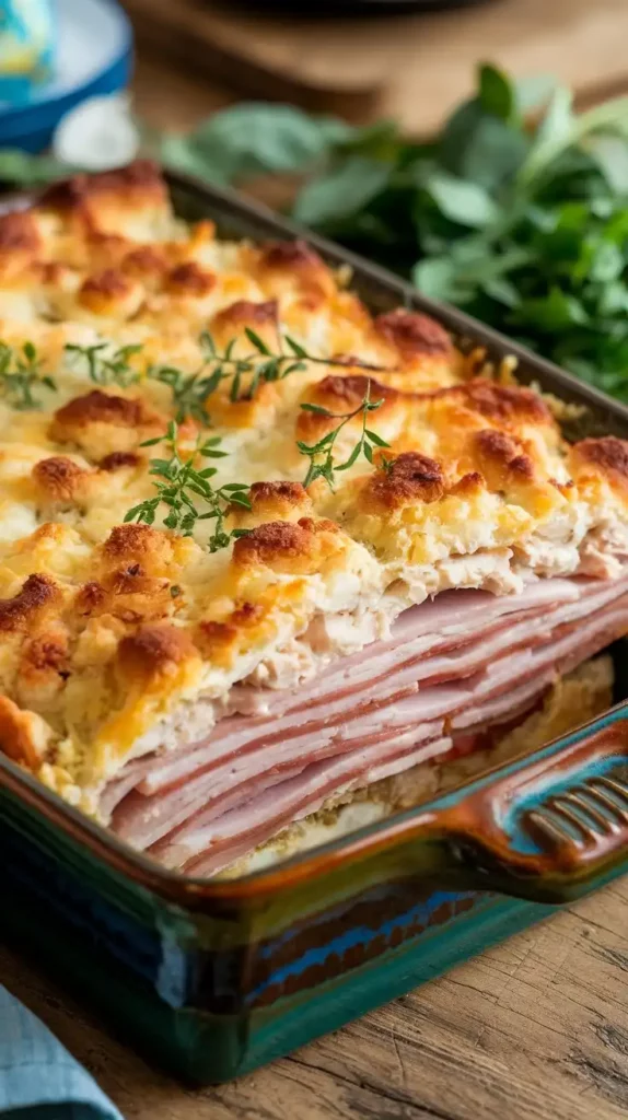 Cross section of chicken casserole showing several layers of thick ham, chicken and cheese melted on top.