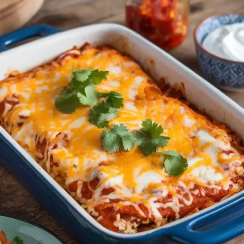 Blue rectangle baking dish filled with chicken and topped with enchilada sauce, melted cheese and cilantro.