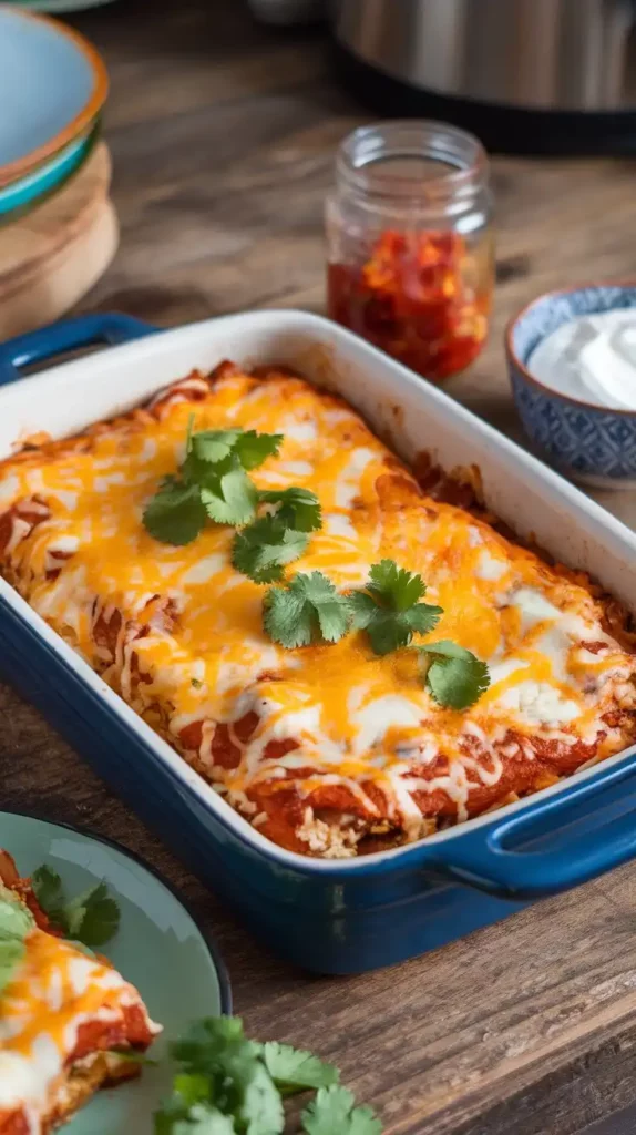 Blue rectangle baking dish filled with chicken and topped with enchilada sauce, melted cheese and cilantro.
