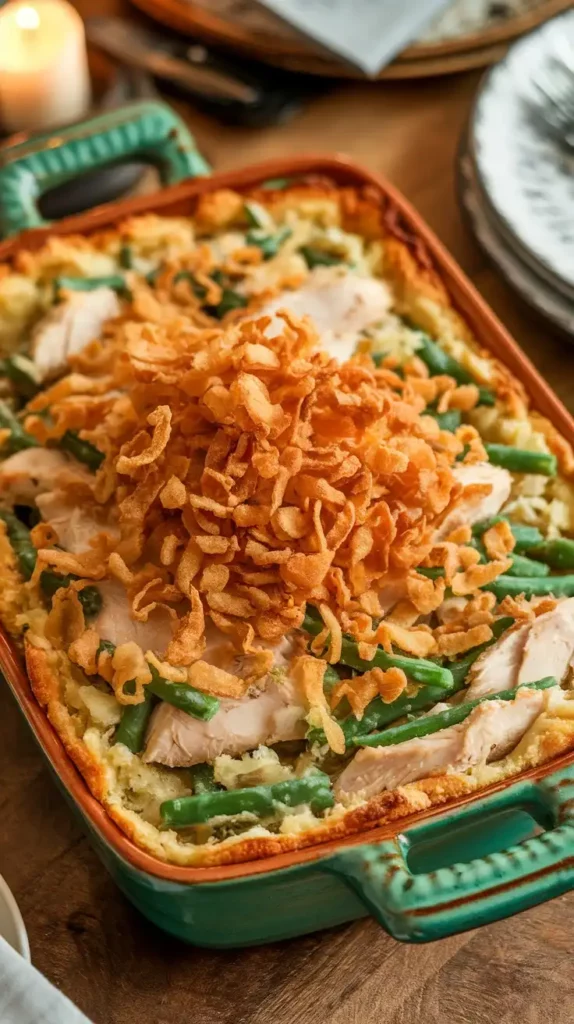 A green recctangular baking dish filled with chicken chunks and green bean chunks throughout, topped with crunchy topping.