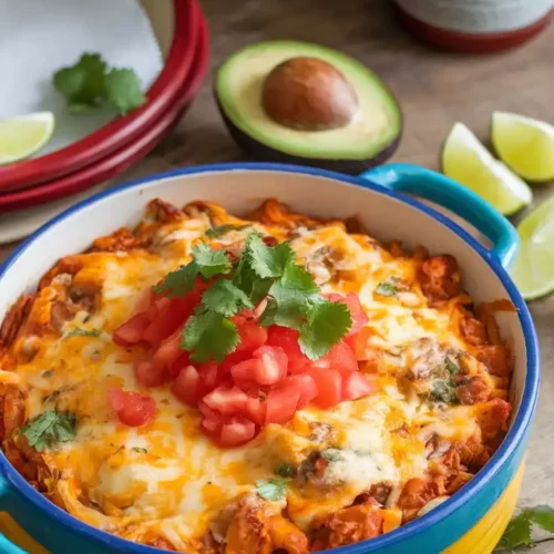 Chicken casserole with melted cheese on top, garnished with tomatoes and cilantro in a round baking dish. Avocado and lime slices beside it.
