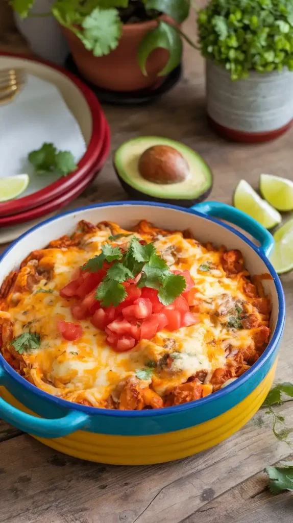 Chicken casserole with melted cheese on top, garnished with tomatoes and cilantro in a round baking dish. Avocado and lime slices beside it.