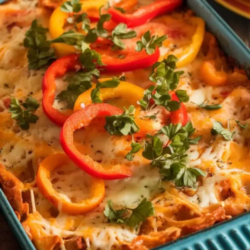 A rectangle baking dish filled with a melted cheese casserole over chicken and creamy sauce garnished with red pepper slices.