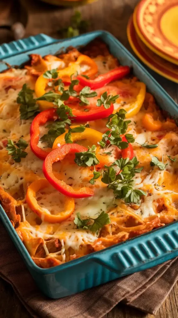 A rectangle baking dish filled with a melted cheese casserole over chicken and creamy sauce garnished with red pepper slices.