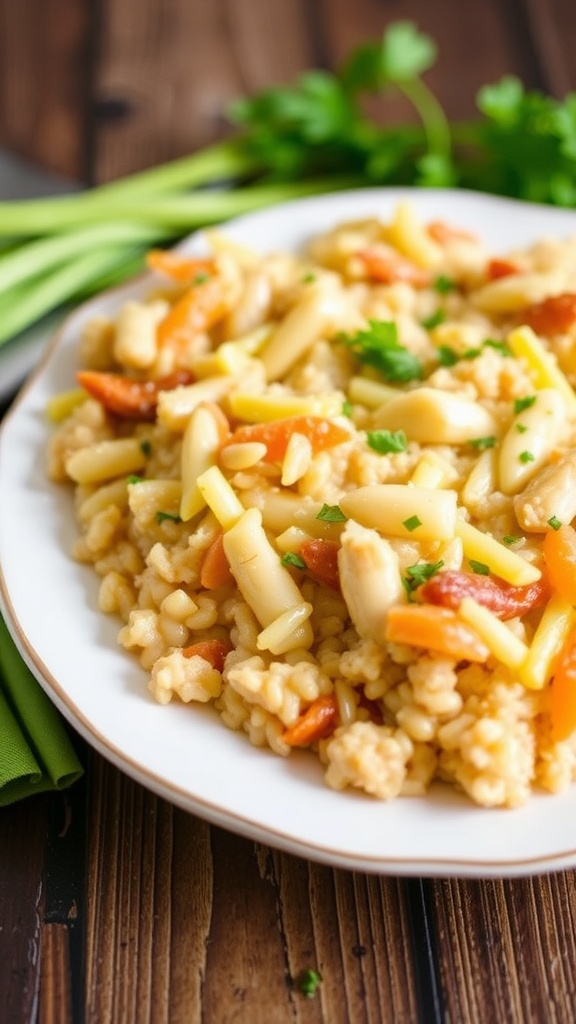 A delicious plate of chicken and rice casserole with colorful vegetables.