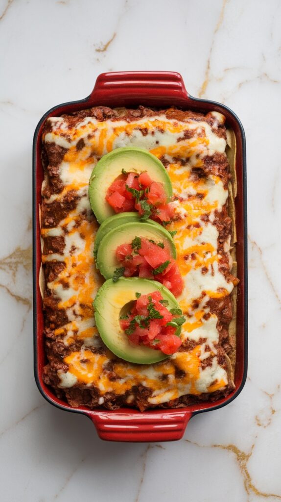 red baking dish filled with ground beef, topped with melted cheese and garnished with avocado and tomatoes