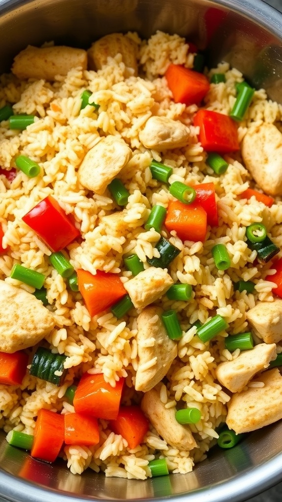 A close-up of a pot filled with chicken, rice, and diced vegetables.