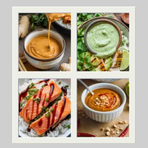 4 photos of different poke bowl sauces, one green, one orange, one deep amber drizzled over salmon filets and one rusty