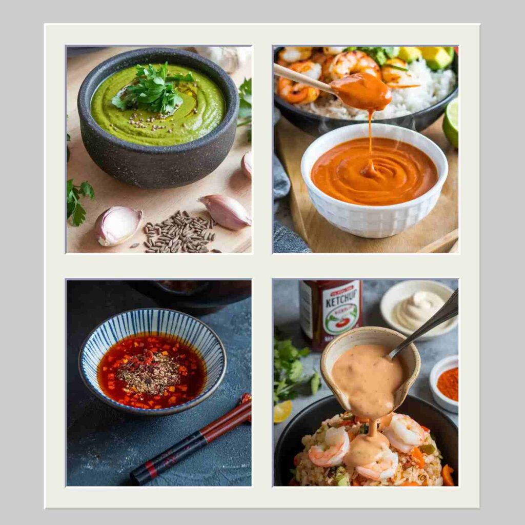 4 photos of different rice bowl sauces, one green, one rust, one deep red and one peach.