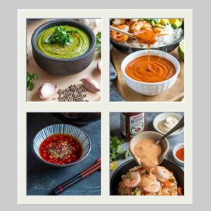 4 photos of different rice bowl sauces, one green, one rust, one deep red and one peach.