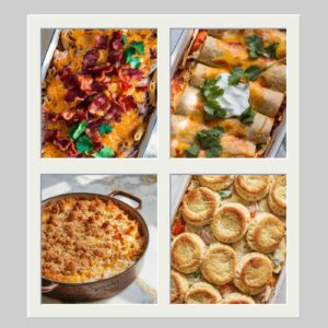 An image of 4 different rotisserie chicken casseroles in white baking dishes