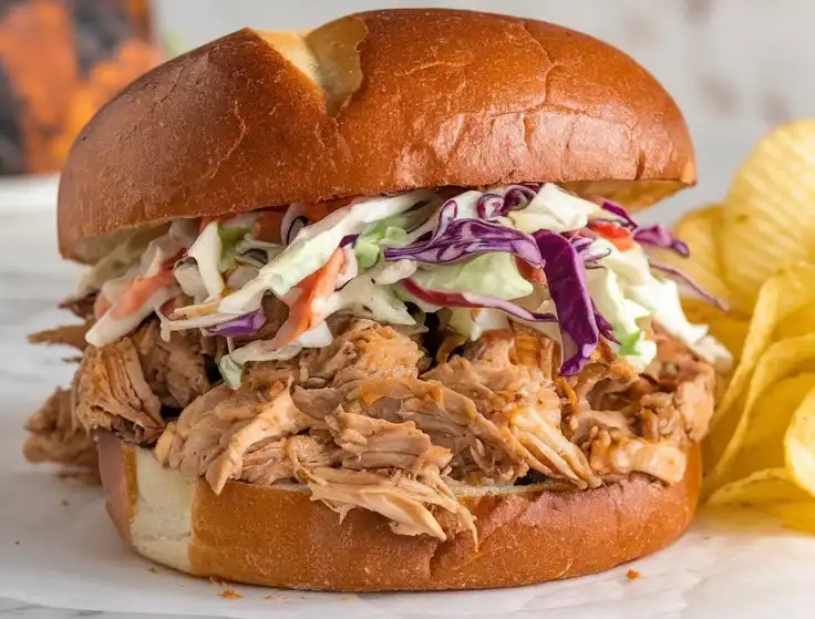 Shredded slow cooker BBQ chicken topped with cole slaw on a bun.