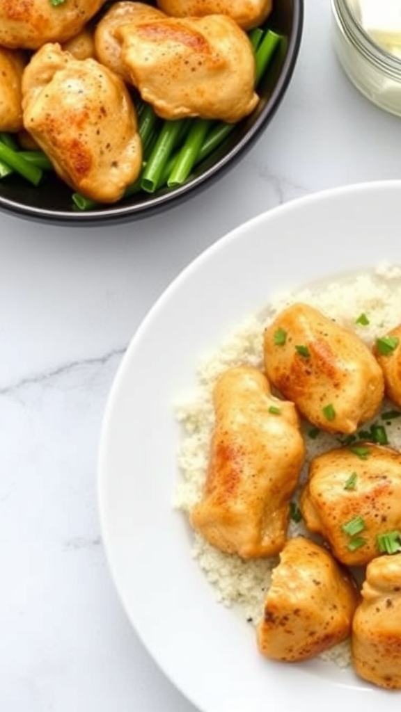 Delicious Stick-Of-Butter Chicken served with rice and green onions.