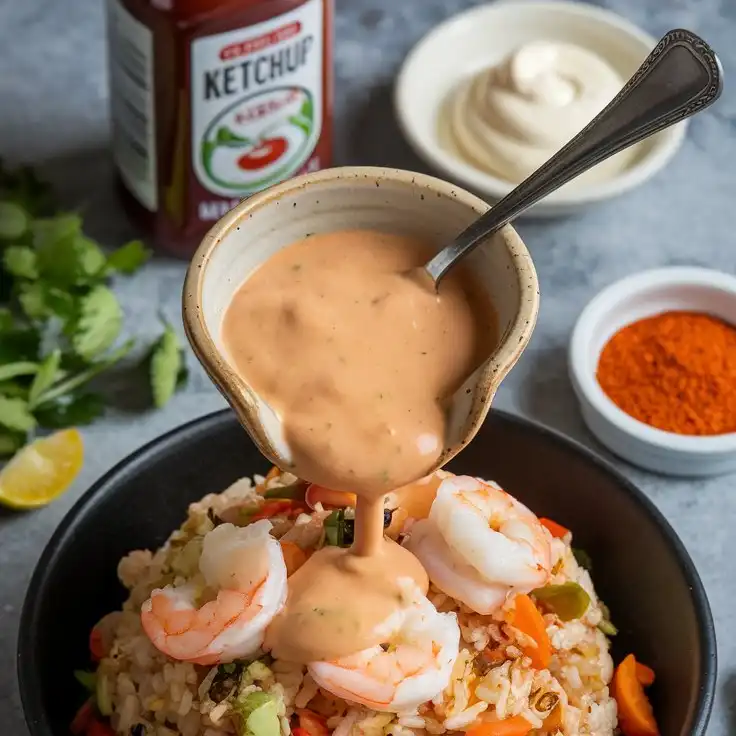 A creamy, pale orange Yum Yum sauce in a small ceramic bowl, with a spoon resting inside. Surrounding the bowl are a bottle of ketchup, a dollop of mayonnaise, and a sprinkling of smoked paprika.