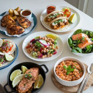 top view of several dinner dishes, all can be made in 15 minutes