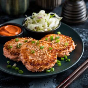 A plate of Asian-style salmon patties with a golden, slightly crispy surface, infused with sesame oil and ginger