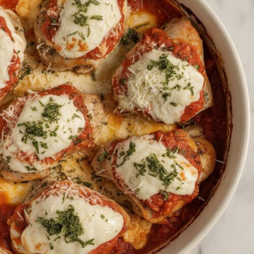 easy boneless skinless chicken thigh recipes baked smothered with marinara, melted cheese