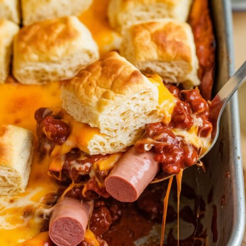 A bubbling chili cheese dog casserole with sliced hot dogs, melted cheddar cheese, and golden biscuit pieces on top
