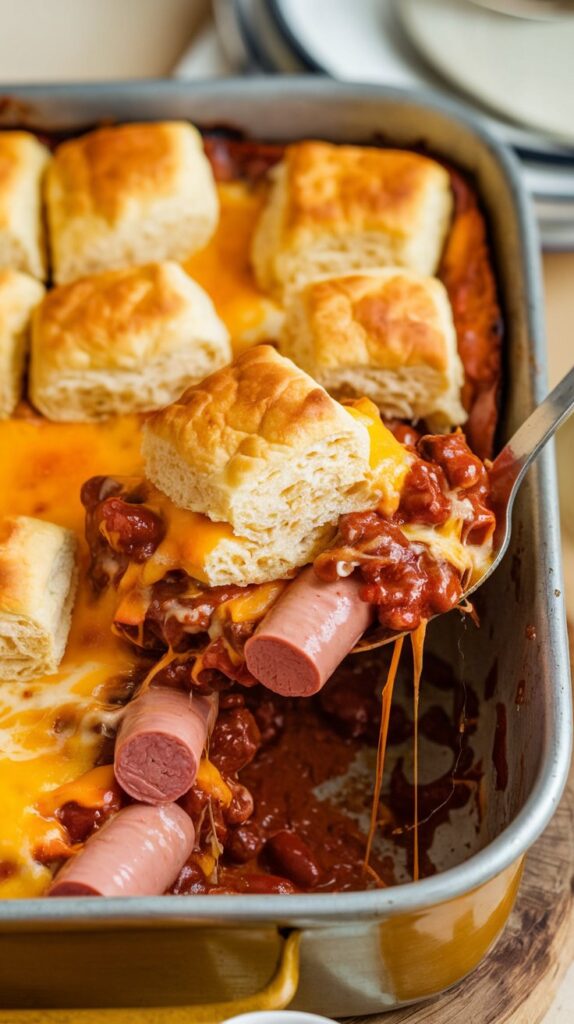 A bubbling chili cheese dog casserole with sliced hot dogs, melted cheddar cheese, and golden biscuit pieces on top