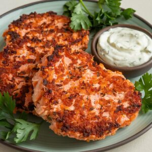 A close-up of crispy golden-brown salmon patties on a plate, garnished with fresh parsley. The patties have a slightly flaky, soft texture inside, with a crunchy, well-seasoned Cajun-spiced crust.