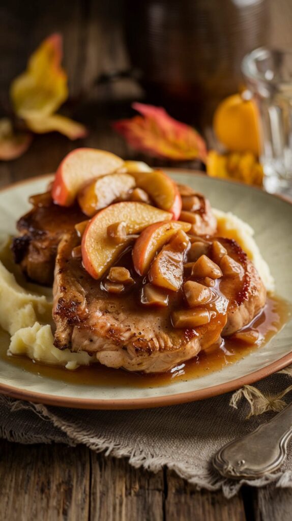 Porkchops over mshed potatoes and topped with sliced baked apples