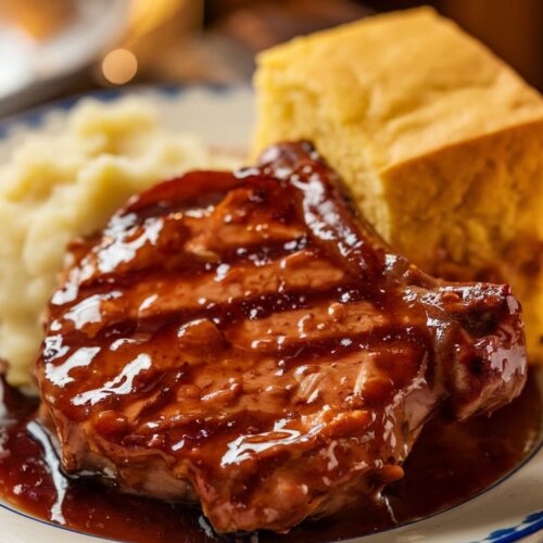 BBQ soaked pork chops on a plate beside mashed potatoes and a slice of cornbread