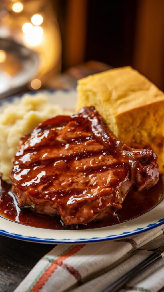 BBQ soaked pork chops on a plate beside mashed potatoes and a slice of cornbread