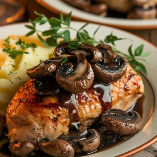 Chicken breast smothered in dark sauce and mushrooms alongside mashed potatoes