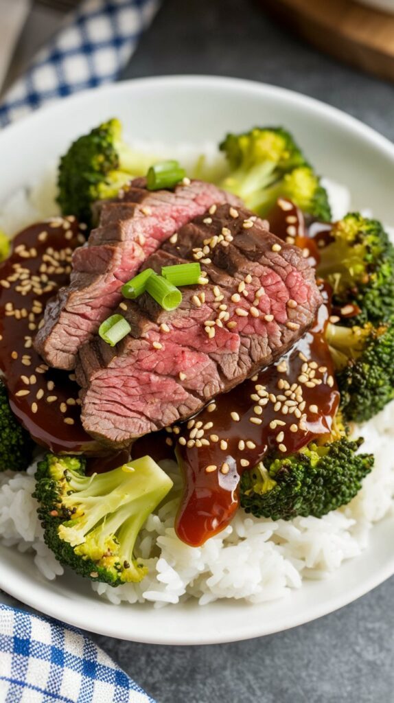 plate of white rice topped with broccoli and sliced beef garnished with green onion