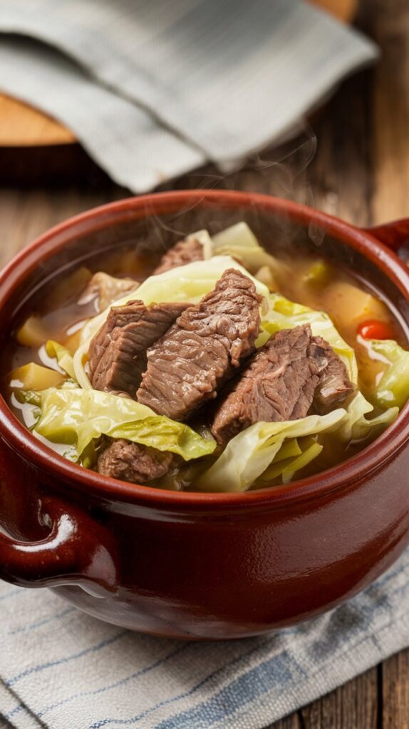 bowl of cabbage soup and slices of beef