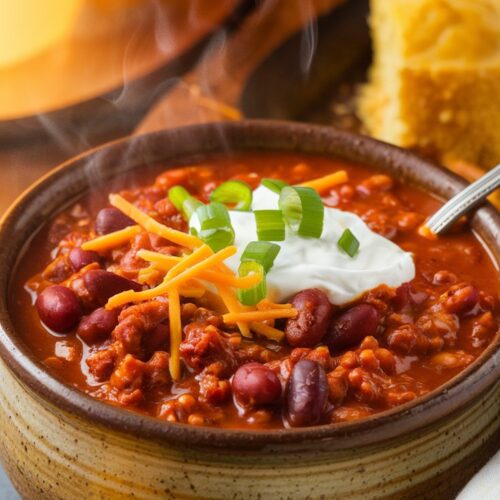 Bowl of steaming chili with ground beef and garnished with shredded cheese, green onions and sour cream