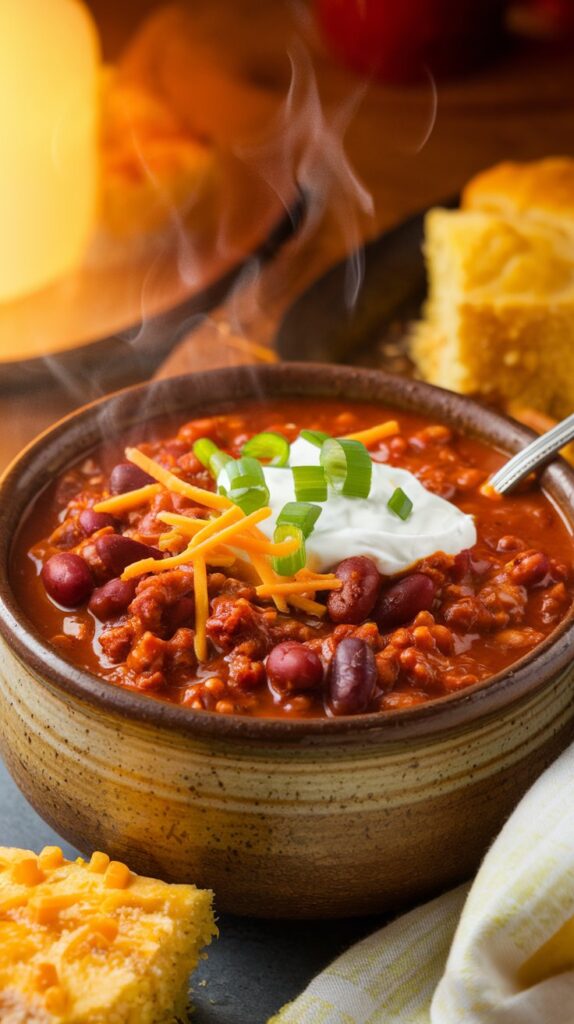 Bowl of steaming chili with ground beef and garnished with shredded cheese, green onions and sour cream