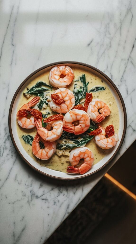 A white plate showcasing luxurious garlic-Parmesan cream sauce enveloping plump, pink shrimp, garnished with sun-dried tomatoes and fresh spinach.