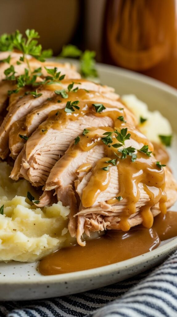 A close-up of a plate with shredded Maple Dijon Chicken, drizzled with thick golden sauce, garnished with fresh parsley. Served alongside mashed potatoes