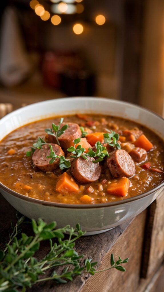 bowl of creamy dark brown chili with sausage and sweet potato chunks