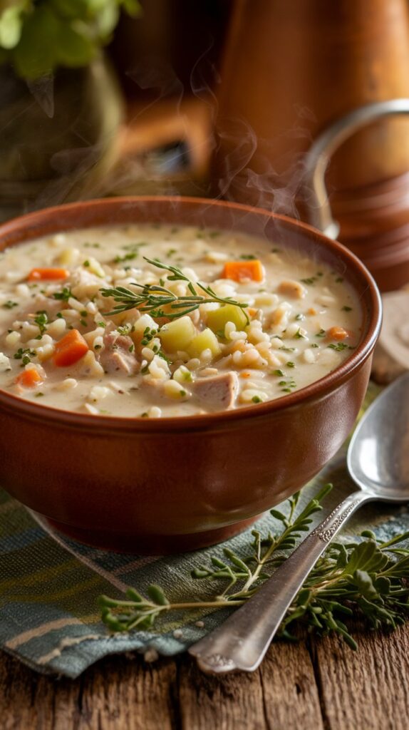 bowl of creamy turkey and wild rice soup