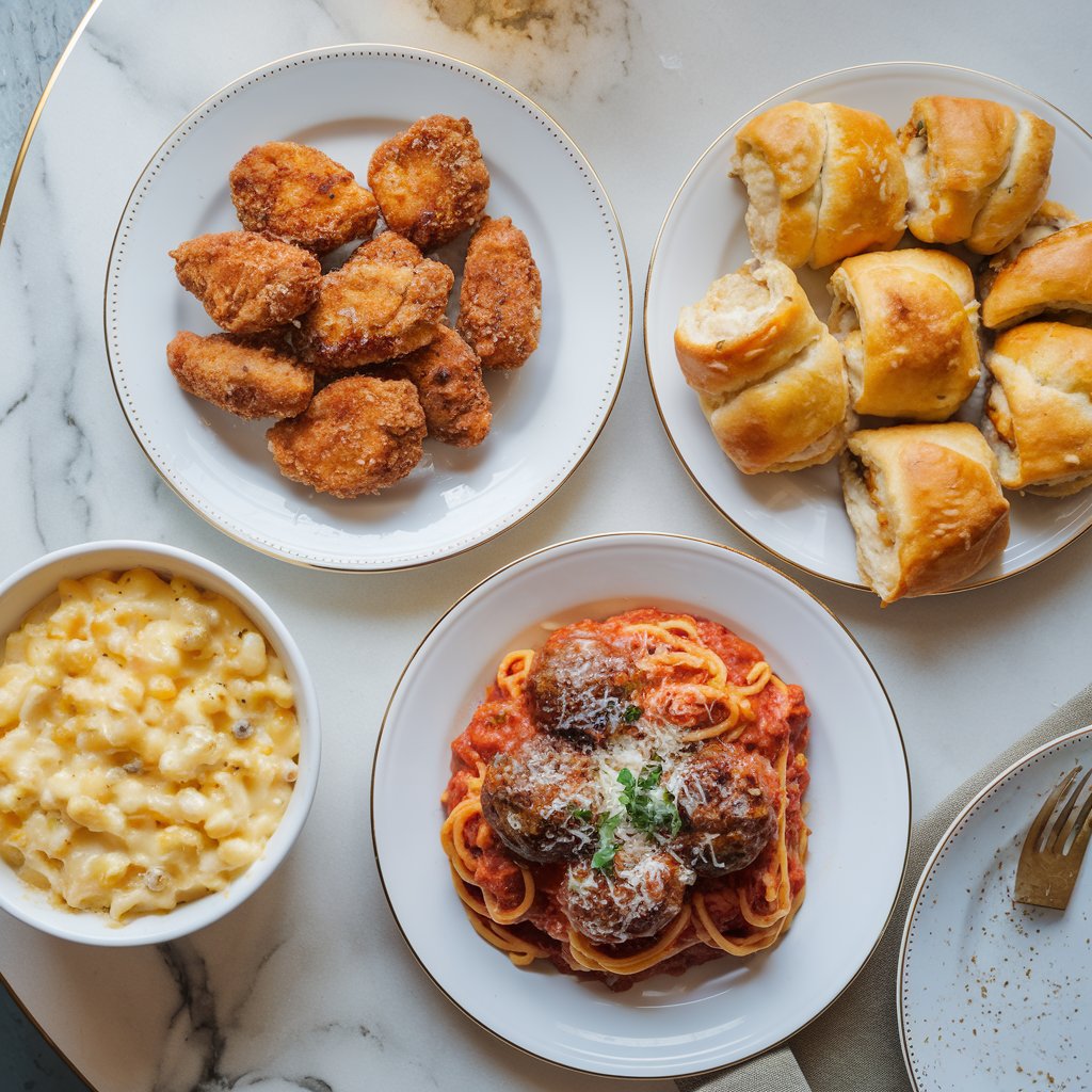 Four different dinner dishes for picky eaters including a bowl of chicken nuggets, crescent pockets, mac and cheese and spaghetti and meatballs