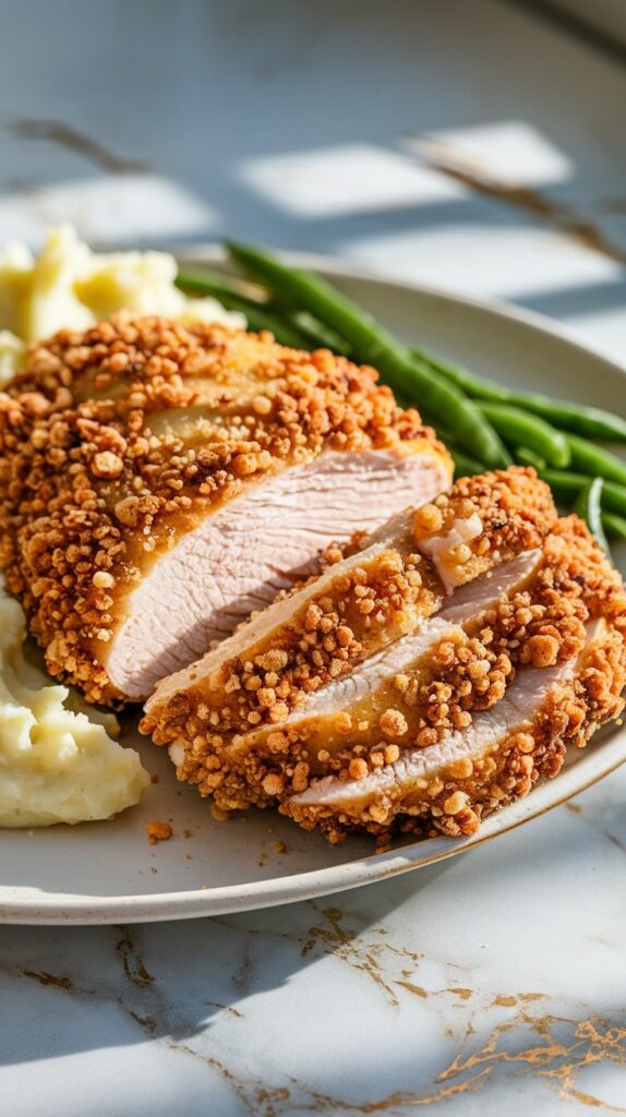 A close-up of an extra crispy air fryer chicken breast with a golden, crunchy breadcrumb coating. The chicken is sliced to reveal a juicy interior, served on a white plate with a side of mashed potatoes and steamed green beans.