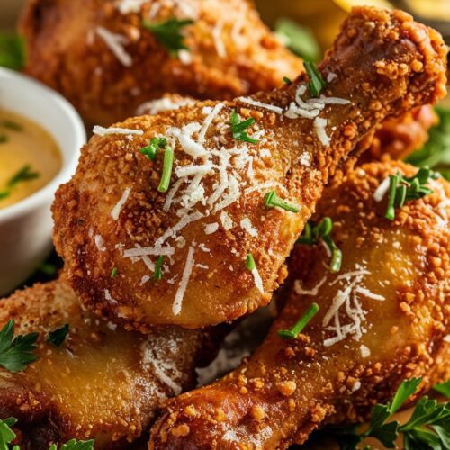 A close-up shot of crispy, golden-brown air fryer drumsticks coated in a glossy garlic butter sauce, sprinkled with grated Parmesan and fresh parsley.